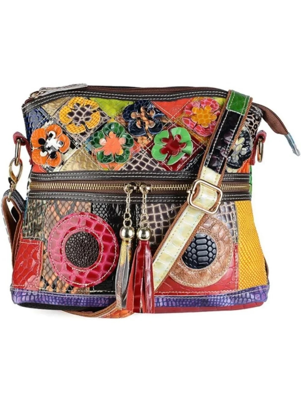 Multicolor Floral Crossbody Bag | Cowhide Leather Vintage Purse | Colorful